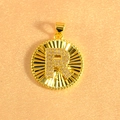 Detailed close-up of a gold-plated sunburst round pendant with crystal encrusted letter R - Letter R / Gold