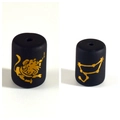 Detail view of matte black zodiac beads with golden Leo and constellation patterns - 10*14mm / Leo Double Sided Gold Pattern