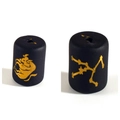 Macro shot of matte black zodiac glass beads with gold painted Taurus and star patterns - 10*14mm / Taurus Double Sided Gold Pattern