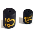 Detail of black resin beads with gold zodiac patterns and smooth central holes - Libra Double Sided Gold Image