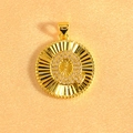 Macro detail of gold plated sunburst pendant with crystal inlaid letter Q on pearly fabric - Letter Q / Gold