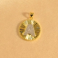Detailed macro view of gold sunburst pendant with letter A and micro-paved zircons - Letter A / Two Colors