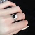Minimalist Tai Chi Yin Yang ring with black white enamel and small zircons on silver band - Adjustable Open
