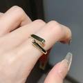 Minimalist geometric gold open ring featuring a modern double parallel bar design on hand - Adjustable Open / Geometric Bar Style (JZ2655)