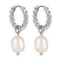 Boucles d'oreilles créoles torsadées en argent avec de grandes perles d'eau douce - Style Torsadé Argenté
