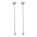 Minimalist silver-tone heart drop earrings with hammered texture and long chain - Steel Hammered Heart Style (EX0046) / Steel