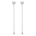Elegant silver heart drop earrings with long tassel chains and polished ball charms - Steel Beaded Heart Style (EX0055) / Steel