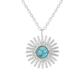 Silver finish sunflower necklace with round natural turquoise stone inlay in center - Silver