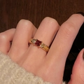 French vintage gold ring with red gemstone and leaf relief carving on finger - Wheat Grain Square Ruby (JZ5496)