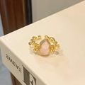 Bague gourde exquise en émail doré avec pierre rose et perles de style vintage chic - Ouvert Réglable / Perle de Calebasse Rose (JZ0297A)