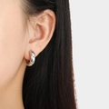 Silver stainless steel hoop earrings with colorful zircon star inlays on a model - Steel Color
