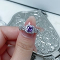 Macro view of a square-cut purple gemstone ring with side pave diamonds and silver band - Square Halo Style (JZ6273)