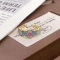 Vintage style adjustable gold ring with red stone and blue enamel cloud pattern - Adjustable Open / French Vintage Ruby Enamel Style (JZ5832)