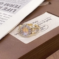Retro gold open ring with iridescent opal centerpiece and zircon halo embellishment - Adjustable Open / Vintage Opal Pave Accent Style (JZ5875)
