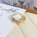 Macro detail of gold vine ring featuring purple enamel flowers and zircon inlay - Adjustable Open / Light Purple Enamel Three Flowers Vine Style (JZ0792A)