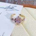 Detail of vintage style gold ring with purple enamel petals and zircon stones - Adjustable Open / Purple Layered Petal Zircon Style (JZ0795A)