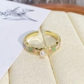 Close-up of vintage flower enamel ring with pearl detail and textured gold finish - Adjustable Open / Textured Pearl Multicolor Enamel Style (JZ1048A)