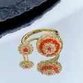 Bague ouverte gothique dorée avec motif floral, perles rouges et zircons blancs - Ouvert Réglable / Double Fleur Vintage Dorée Perles Rouges (JZ6247)