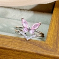 Detailed macro view of silver ring with pink zircon butterfly and V-shaped crystal band - Double Layer Butterfly V Style (JZ3901)