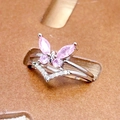 Detail of pink zircon butterfly ring with double-layered silver band and small diamonds - V-Shape Band Butterfly Style (JZ3901)
