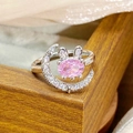 Detailed close-up of a silver rabbit and moon ring with pink oval zircon gemstone - Moon Rabbit Dynamic Style (JZ5585)
