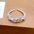 Close-up of pink and clear zircon stones in a butterfly and floral silver ring - Flower And Butterfly Pink White Zircon Style (JZ4365)