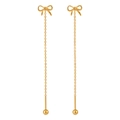 Elegant gold bow threader earrings with dangling long chains and polished bead accents - Gold Bowknot Style (EX0064)
