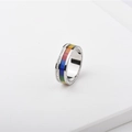 Detail of silver titanium ring featuring rainbow enamel tiles and double zircon pavé setting - US 6 / Steel