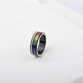 Close-up of titanium steel ring with rainbow enamel stripes and shimmering cubic zirconia - US 6 / Black