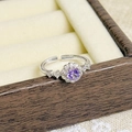 Close-up of adjustable silver flower ring with purple gemstone and crystal accents - Purple Round Flower Style (JZ0081A)