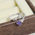 Detailed close-up of adjustable silver ring with purple heart gemstone in velvet box - Purple Heart Stone Style (JZ5396)