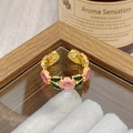 Close-up of vintage floral open ring with pink enamel flowers and green leaves - Adjustable Open / Pink Enamel Floral Leaf Style (JZ4902)