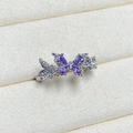 Macro detail of silver butterfly ring with four purple marquise-cut stones and zircon accents - Adjustable Open / Purple Marquise Stone Center Butterfly Style (JZ5519)