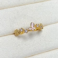 Macro view of gold-plated ring with pink enamel butterfly and purple cubic zirconia - Adjustable Open / Gold Pink Enamel Pave Butterfly Style (JZ5552)