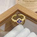 Detail of vintage gold open ring with blue enamel and fleur-de-lis floral pattern - Adjustable Open / Dark Blue Fleur-de-lis Rhombus Style (JZ5982)