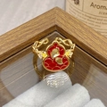 Macro shot of red enamel gourd ring with gold ginkgo leaf engraving and zircons - Adjustable Open / Red Enamel Gourd Chinese Style (JZ6032)