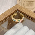 Detail view of vintage adjustable ring with pink floral enamel and golden finish on stand - Adjustable Open / Pink Flower Blue Green Enamel Style (JZ6100)