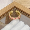 Detail of vintage enamel flower open ring with gold plated floral patterns on a display - Adjustable Open / Pink Beige Enamel Scroll Pattern Style (JZ6249)