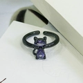 Detail of a dark black cat-shaped open ring featuring purple drop-shaped gemstones - Open Adjustable / Cat Shape Style (JZ4462A) / Black and Purple