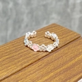 Detail of floral enamel open ring featuring pink and blue flowers on silver band - Pink White Blue Multicolor Wreath Style (JZ3704A)