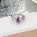 Detail view of purple oval zircon ring with micro-pave setting on silver open band - Elegant Pave Oval Style(JZ4938)