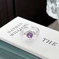 Detailed close-up of adjustable silver ring with purple gemstone and floral zircon cluster - Adjustable Open / Purple Round Flower Cluster Style (JZ0107A)