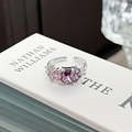 Macro detail of silver open ring with purple rectangular stone and pink zircon accents - Adjustable Open / Rectangular Purple Pink Gradient Style (JZ2325A)