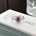 Macro detail of silver open ring with oval purple gemstone and crystal butterfly cluster - Adjustable Open / Oval Purple Stone Vintage Clustered Style (JZ3095A)