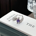 Detail of silver open ring with purple gemstone and sparkling diamond-set wings - Adjustable Open / Round Purple Stone Rhinestone Wing Style (JZ5122)