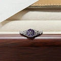 Macro detail of silver flower cluster ring with purple stones and zircon accents - Purple Flower Cluster Claw Style (JZ4424A)