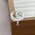 Macro detail of silver adjustable ring with pink zircon and twig vine texture - Double Layer Branch Pink Purple Style (JZ0951A)