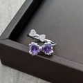 Detailed close-up of double bow ring with purple heart stones and sparkling pavé crystals - Adjustable Open / Purple Heart Rhinestone Bowknot (JZ0511A)