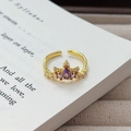 Macro detail of vintage gold crown ring with purple zircon on a classic book - Adjustable Open / Exquisite Crown Shape Style (JZ2892A) / Gold-Purple