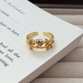 Nahaufnahme eines Vintage-Goldrings mit lila herzförmigem Zirkon auf einer Buchseite - Einstellbar Offen / Französischer Luxus Botanischer Blumenstil (JZ5764) / Gold-Lila